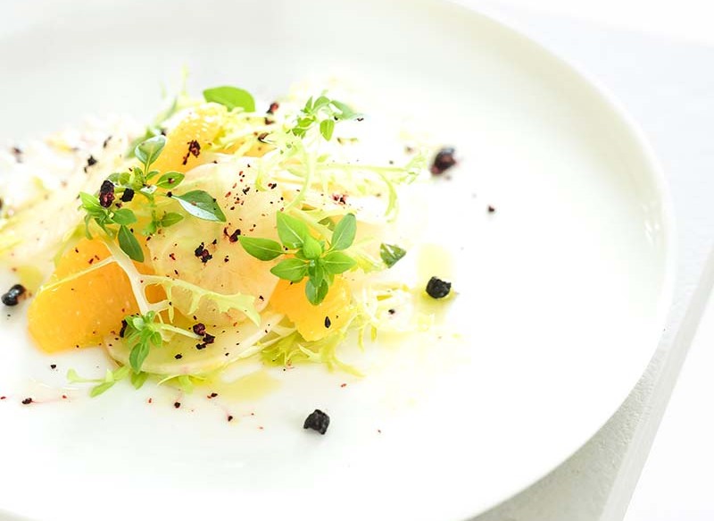 Crispy Yacon with Orange, Basil Pistou, Za’atar, Curly Lettuce & Blueberries